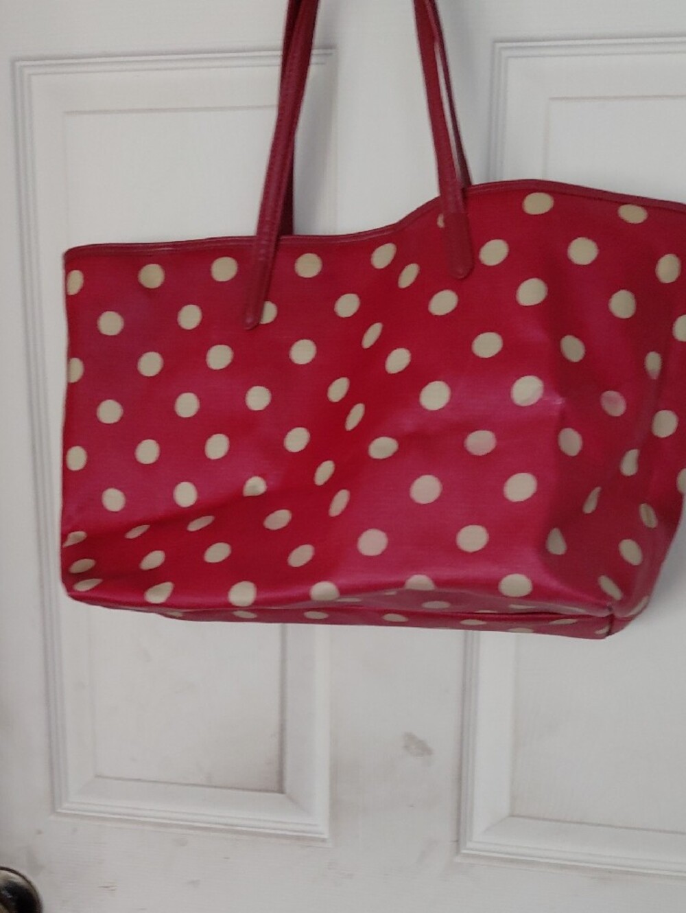 Cath Kidston Red And Cream Tote Polka Dots Doubke Strap Leather Handle 19x11 - Picture 8 of 13